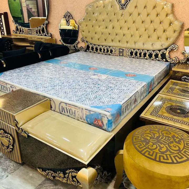 Mustard tufted bed at Arshad Furniture House