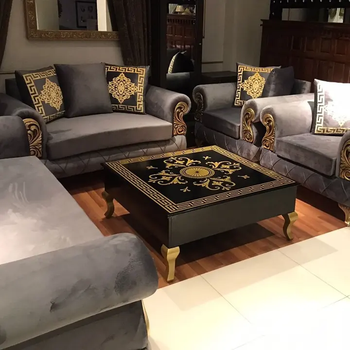 Grey velvet sofa set at Arshad Furniture House